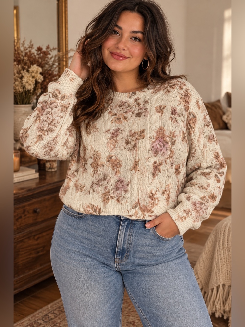Sincerely Jules • Cream Floral Cable-Knit Crewneck Sweater • XL